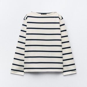 Zara Cream and Navy Striped Long Sleeve Striped Cotton T-Shirt